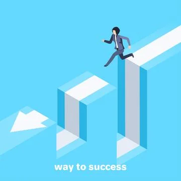 Isometric vector image on a blue background, a woman in a business suit jumps Stock Illustration