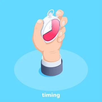 Isometric vector image on a blue background, male hand holds a stopwatch, bus Stock Illustration