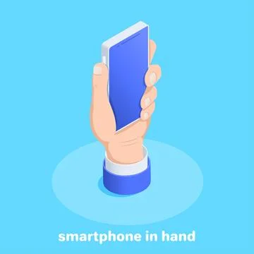 Isometric vector image on a blue background, the hand of a man holds a smartp Illustrazione stock