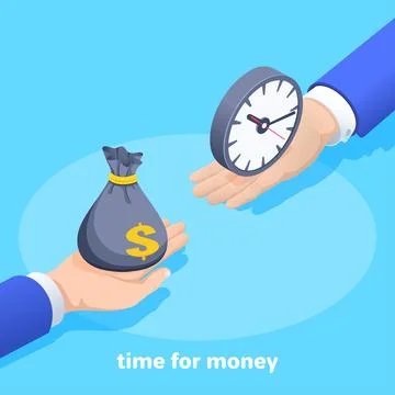 Isometric vector image on a blue background, male hands holding a bag of mone Stock Illustration