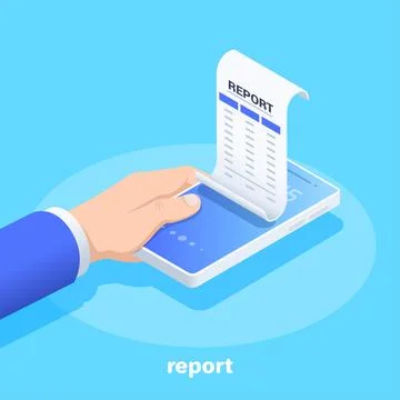 Isometric vector image on a blue background, a mans hand holds a smartphone o イラスト素材