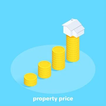 Isometric vector image on a blue background, a chart of gold coins and a hous Stock Illustration