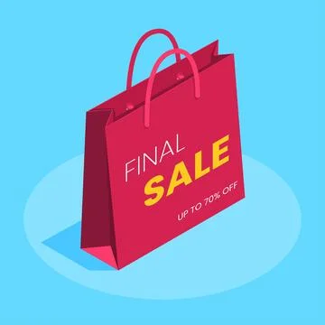 Isometric vector image on a blue background, red paper bag with the inscripti Stock Illustration