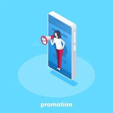 Isometric vector image on a blue background, a woman with a loudspeaker on a  Stock Illustration