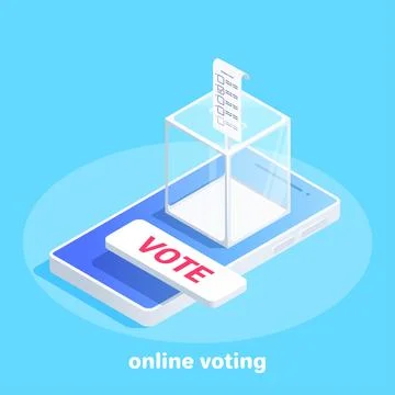 Isometric vector image on a blue background, glass box for voting with a bill イラスト素材