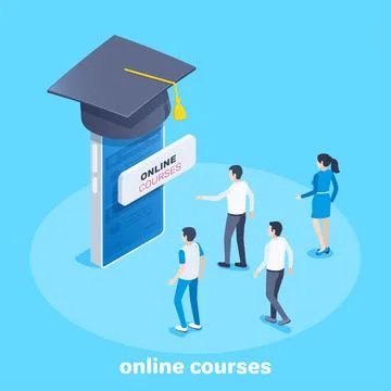 Isometric vector image on a blue background, young people come to the smartph Illustrazione stock