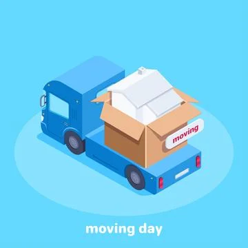 Isometric vector image on a blue background, box with a house on a blue truck Stock Illustration