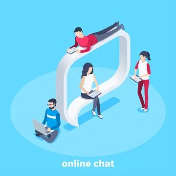 Isometric vector image on a blue background, people are sitting on message bu イラスト素材