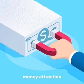 Isometric vector image on a blue background, a male hand holds a red magnet t Stock Illustration