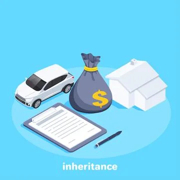 Isometric vector image on a blue background, a car next to a bag of money and Stock Illustration