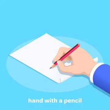 Isometric vector image on a blue background, a male hand holds a red pencil o Stock Illustration