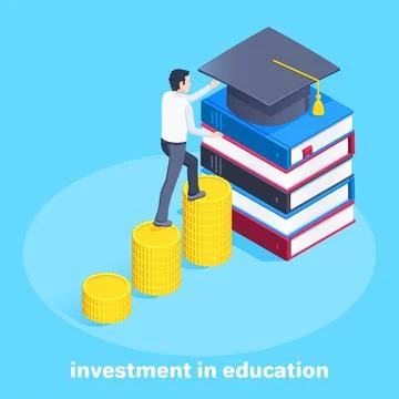 Isometric vector image on a blue background, a young man climbs the stairs fr Stock Illustration