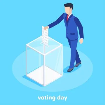 Isometric vector image on a blue background, a man a in business clothes hold Stock Illustration