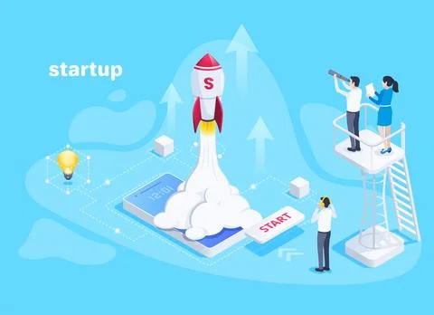 Isometric vector image on a blue background, people watch a rocket take off f Stock Illustration