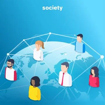 Isometric vector image on a blue background, people icons connected by lines  Illustrazione stock