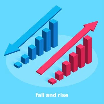 Isometric vector image on a blue background, up and down arrows above chart c Stock Illustration