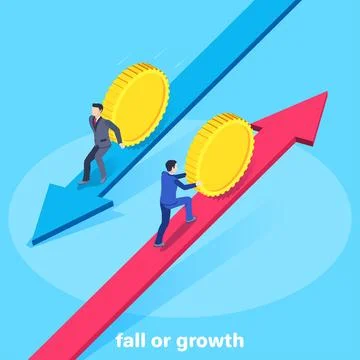 Isometric vector image on a blue background, up and down arrows, men in busin Stock Illustration
