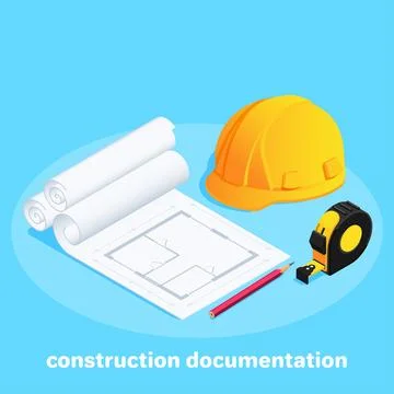 Isometric vector image on a blue background, drawings and a construction helm Illustrazione stock