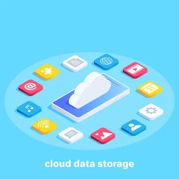 Isometric vector image on a blue background, smartphone and cloud, mobile app Stock Illustration