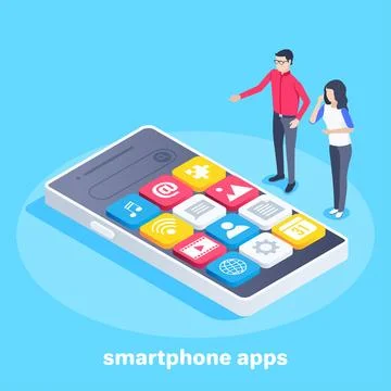 Isometric vector image on a blue background, a man and a woman are standing n Stock-Illustration