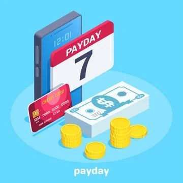 Isometric vector image on a blue background, next to the smartphone are money Stock Illustration