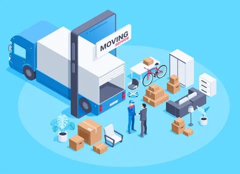 Isometric vector image on a blue background, a truck in a smartphone and thin Stock Illustration