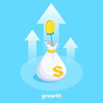 Isometric vector image on a blue background, a bag of money from which the st Stock Illustration