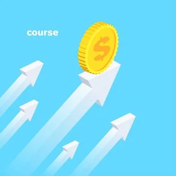 Isometric vector image on a blue background, gold coin on upward arrow, excha Stock Illustration