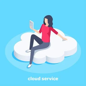 Isometric vector image on a blue background, a girl with a smartphone sits on Illustrazione stock
