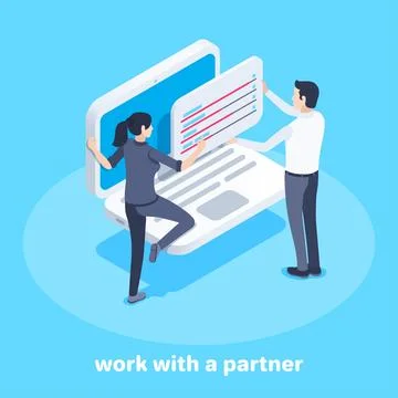 Isometric vector image on a blue background, business concept, man and woman  Stockillustratie