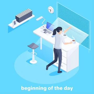Isometric vector image on a blue background, business concept, a girl looks o Stock Illustration