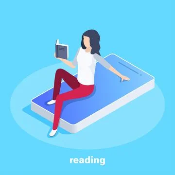 Isometric vector image on a blue background, business concept, a girl reads a Stockillustratie