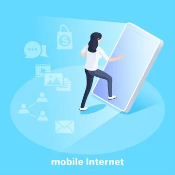 Isometric vector image on a blue background, business concept, a girl goes in Stock Illustration