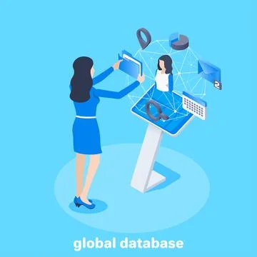 Isometric vector image on a blue background, business concept, a woman is vie Stockillustratie