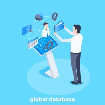 Isometric vector image on a blue background, business concept, man is viewing Stockillustratie