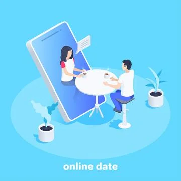 Isometric vector image on a blue background, business concept, girl on a date Illustrazione stock