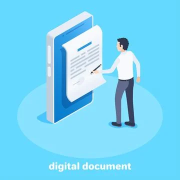 Isometric vector image on a blue background, business concept, a man signs a  Stock Illustration
