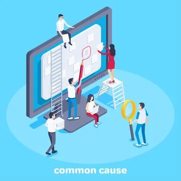 Isometric vector image on a blue background, men and women near the computer  스톡 일러스트