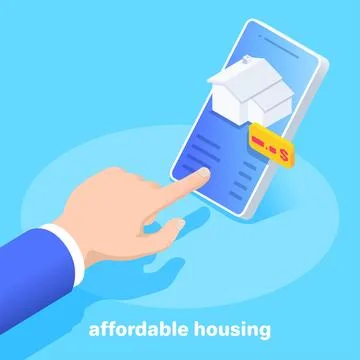 Isometric vector image on a blue background, business concept, male hand poin Ilustración de archivo