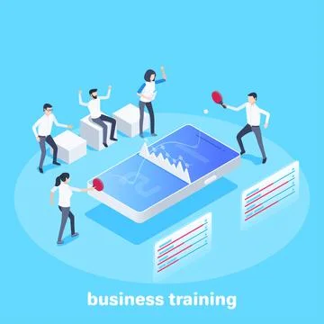 Isometric vector image on a blue background, business training, people play p Stock Illustration