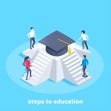 Isometric vector image on a blue background, men and women climb the steps of Stock Illustration