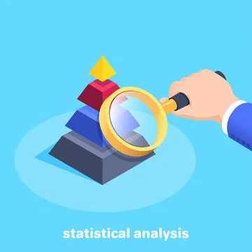 Isometric vector image on a blue background, a male hand holds a magnifying g Stockillustratie