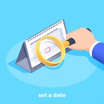 Isometric vector image on a blue background, male hand holds a magnifying gla Stock Illustration