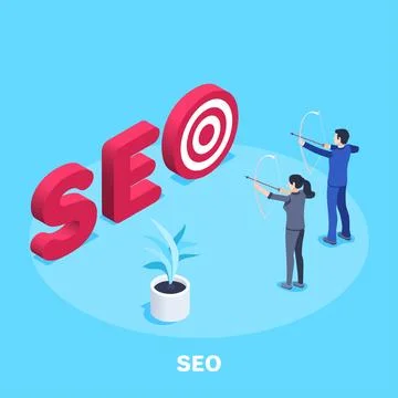 Isometric vector image on a blue background, red word SEO with target and arc 스톡 일러스트