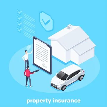 Isometric vector image on a blue background, a man signs a property insurance Ilustración de archivo