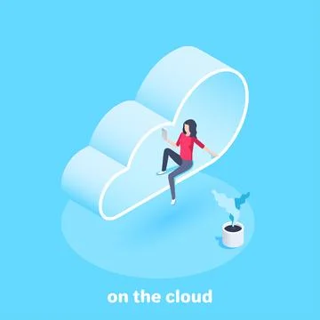 Isometric vector image on a blue background, a girl with a smartphone sits on Illustrazione stock