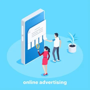 Isometric vector image on a blue background, a man and a woman read an ad on  스톡 일러스트