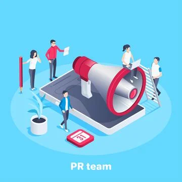 Isometric vector image on a blue background, a large loudspeaker on the smart Stock Illustration