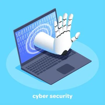 Isometric vector image on a blue background, a black laptop and a robot arm f 库存插图