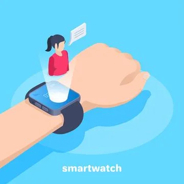 Isometric vector image on a blue background, smart watch on a mans hand and a イラスト素材